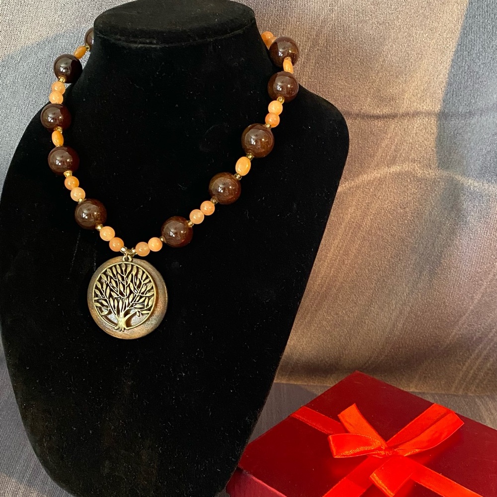 Elegant Brown and Gold Tree Pendant Necklace